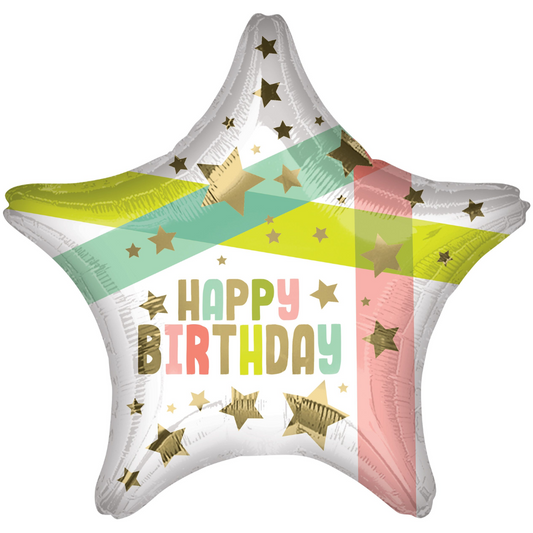 FOIL BALLOON 19" - HB GOLD STARS AND COLORS ANAGRAM (PKG)